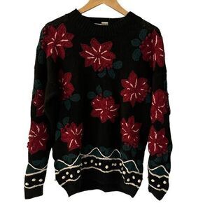 Vintage Cape Isle‎ Knitters Black Red Christmas Pointsetta Crew Sweater Size L